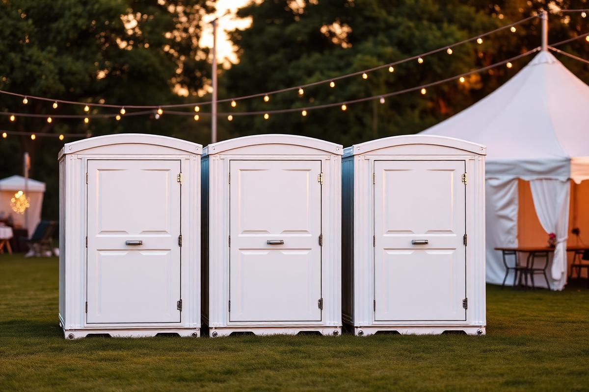 Three clean white portable restrooms set up on grass at an outdoor evening event